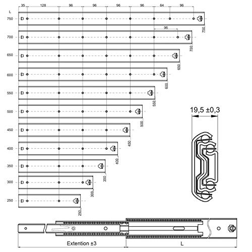 1 par (2 PIEZAS) SO-TECH® Guía para Cajón de Extracción Total 750 mm Capacidad de Carga 80 kg Carril de Cajón