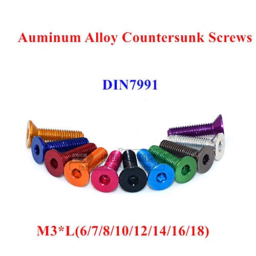 10 tornillos planos de aleación de aluminio M3 DIN7991 M3*6/7/8/10/12/14/16/18 mm, tornillos de cabeza avellanada, color anodizado, 6 mm, azul claro