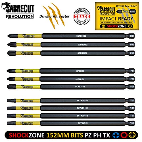10 x SabreCut SCRK152 152mm destornillador de impacto magnético PZ1 PZ2 PZ3 PH1 PH2 PH3 TX20 TX25 TX30 TX40 Pozi Phillips Torx resistentes para Dewalt Milwaukee Bosch Makita y otros
