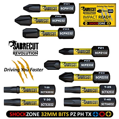 10 x SabreCut SCRK32 32mm destornillador de impacto magnético PZ1 PZ2 PZ3 PH1 PH2 PH3 TX20 TX25 TX30 TX40 Pozi Phillips Torx resistentes para Dewalt Milwaukee Bosch Makita y otros