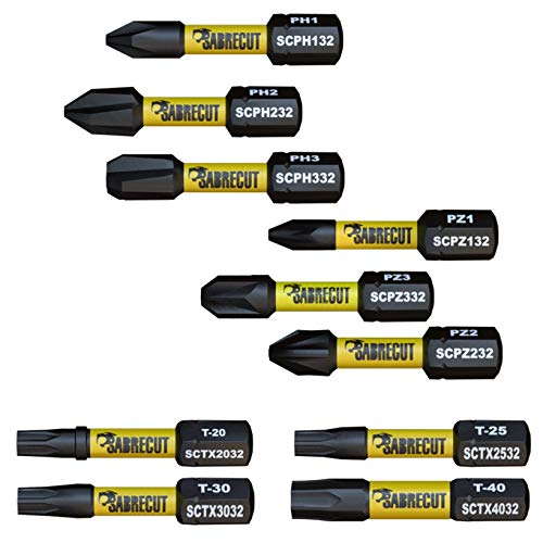 10 x SabreCut SCRK32 32mm destornillador de impacto magnético PZ1 PZ2 PZ3 PH1 PH2 PH3 TX20 TX25 TX30 TX40 Pozi Phillips Torx resistentes para Dewalt Milwaukee Bosch Makita y otros