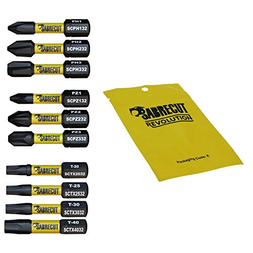 10 x SabreCut SCRK32 32mm destornillador de impacto magnético PZ1 PZ2 PZ3 PH1 PH2 PH3 TX20 TX25 TX30 TX40 Pozi Phillips Torx resistentes para Dewalt Milwaukee Bosch Makita y otros