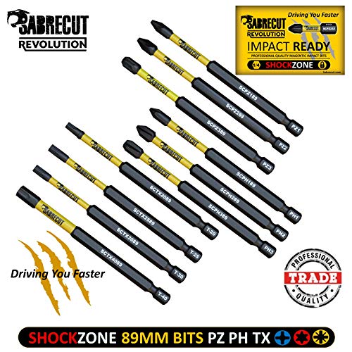 10 x SabreCut SCRK89 89mm destornillador de impacto magnético PZ1 PZ2 PZ3 PH1 PH2 PH3 TX20 TX25 TX30 TX40 Pozi Phillips Torx resistentes para Dewalt Milwaukee Bosch Makita y otros