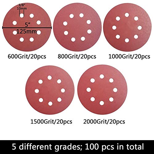 100 discos de lija adhesivos de 5 pulgadas, 8 agujeros, 5 pulgadas, 8 agujeros, 20 unidades cada uno de 600 800 1000 1500 2000 granos papel de lija para Ran T