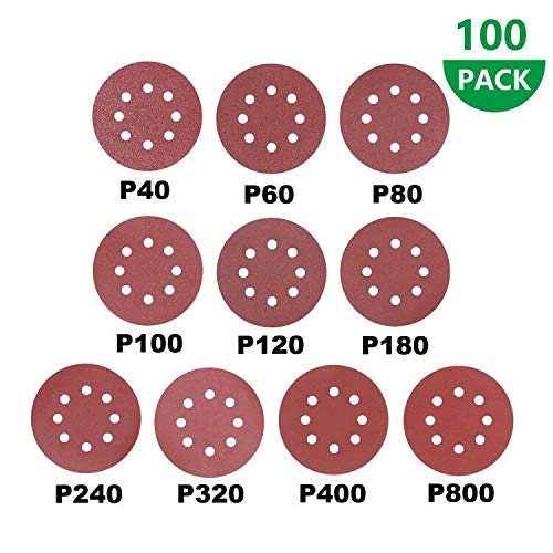 100 pcs Discos de Lija, 125mm Papeles de Lija Abrasivos con 8 Agujeros, Durable para Lijadora Excéntrica, Seco, Cambio Rápido(40-800mm)