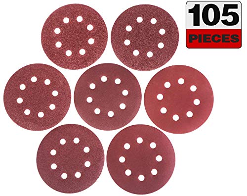 105 PCS Discos de lijado, papel de lija de gancho y bucle para lijadoras orbitales aleatorias-40/60/100/150/240/320/600 Granos mixtos Almohadillas de discos de lijado de 8 agujeros (125 mm)