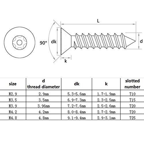 10X M2.9 M3.5 M4 M5 304 A2 Pin de acero inoxidable Seis lóbulos Torx Cabeza plana avellanada A prueba de manipulaciones Tornillo de madera autorroscante de seguridad, M4.8x50mm