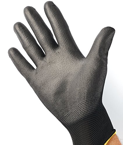 12 Pares de Guantes de Trabajo ISC H&S, Nylon, Revestimiento de PU; en Tallas S pequeña (7), Media M (8), L Grande (9), XL Grande x (10), XXL Grande x (11); sin Costuras, versátil, Negro, M (8)