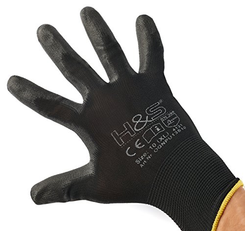 12 Pares de Guantes de Trabajo ISC H&S, Nylon, Revestimiento de PU; en Tallas S pequeña (7), Media M (8), L Grande (9), XL Grande x (10), XXL Grande x (11); sin Costuras, versátil, Negro, M (8)