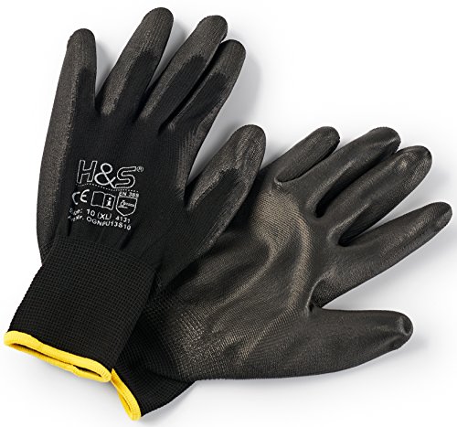 12 Pares de Guantes de Trabajo ISC H&S, Nylon, Revestimiento de PU; en Tallas S pequeña (7), Media M (8), L Grande (9), XL Grande x (10), XXL Grande x (11); sin Costuras, versátil, Negro, M (8)