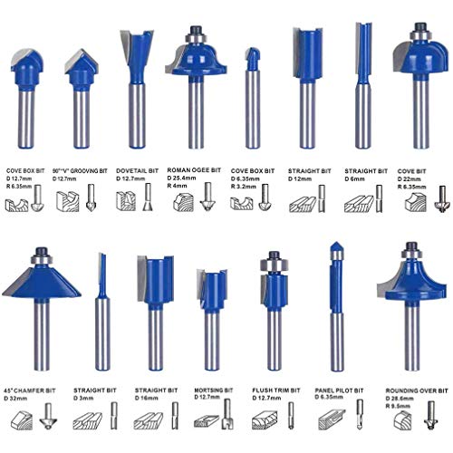 15 Piezas Bits de enrutador, 6,35 mm vástago Tungsteno Herramienta de carburo, Broca de ranura para Cartón madera, Carpintería, Fresado de madera Cortador (Poco recto, Cove Bit, Bit de chaflán)