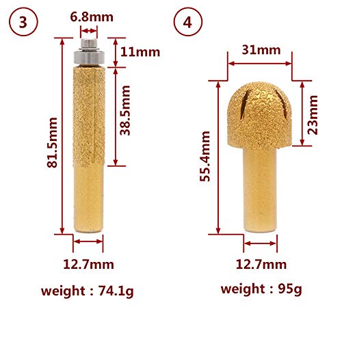 1pcs 1/2"Vástago Brocas de enrutador de diamante soldadas al vacío para enrutador de mármol de granito Cortador Herramientas de grabado de borde de piedra de corte de perfiles, No.10