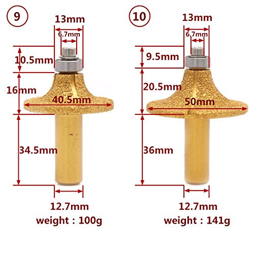 1pcs 1/2"Vástago Brocas de enrutador de diamante soldadas al vacío para enrutador de mármol de granito Cortador Herramientas de grabado de borde de piedra de corte de perfiles, No.10