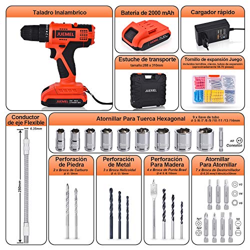 20V Taladro Atornillador, JUEMEL Destornillador batería de 2000mAh con luz LED,100Pcs Kit Taladro Eléctrico Accesorios (36N.m Par Máx,2 Velocidades,10 mm Portabrocas Automatico, 1H Carga Rápida)