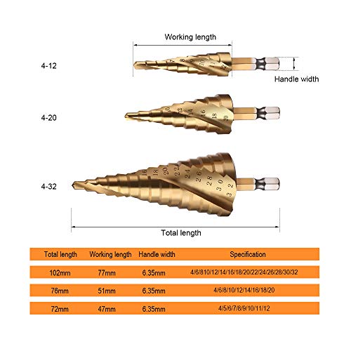 3 brocas de taladro JelBo de acero de alta velocidad, brocas escalonadas acanaladas en espiral de 4 mm a 12 mm, 20 mm y 32 mm para set de herramientas de corte