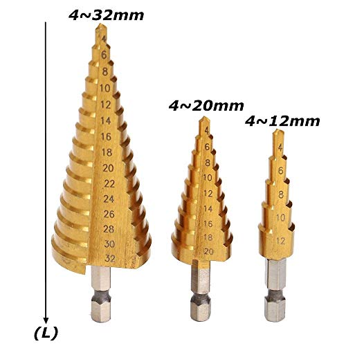 3 piezas 4-12/4-20/4-32 Broca de taladro de cono de titanio de gran paso, herramienta de ajuste HSS con bolsa