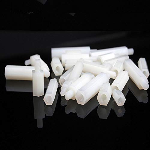 50Pcs M2 / M2.5 / M3 / M4 + Tornillo de espaciado de rosca blanca de 6 mm para placa PCB Separador de separador de nylon fijo Pilar, 5 mm, M2.5