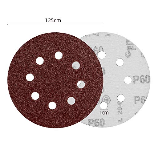 60 almohadillas de disco de lija redondas de grano 60, 8 agujeros, discos de lija de 5 pulgadas, para lijadora orbital aleatoria
