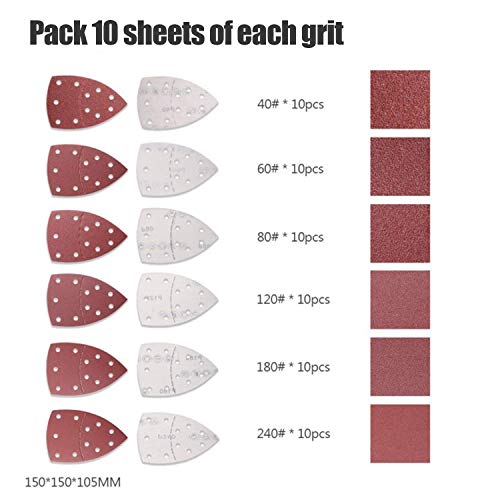60 hojas de lijado, para lijadora de ratón para Bosch Multi-Sander PSM 100A, PSM 200 AES, PSM 18 y las herramientas oscilantes multiherramienta, 10 unidades cada uno surtido 40/60/80/120/180/240 Grits