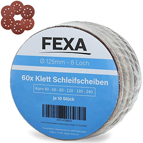 60x Discos abrasivos Velcro - 125 mm redondos - Lijadora excéntrica Fexa - Hojas abrasivas 11 agujeros para papel de lija - 60 piezas