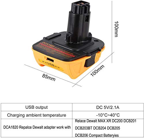 Adaptador de batería DeWalt para DeWalt 20 V-18 V batería de litio DCA1820 DCB090 (con función USB Mobile Power) (1 unidad)