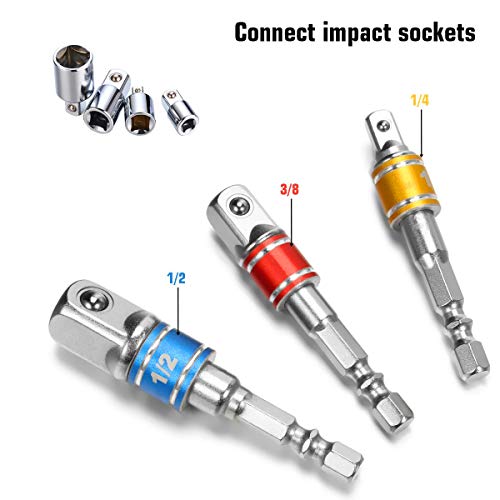 Adaptador para Llave de Carraca, Juego de 4 Pzas Adaptadores de 1/4", 3/8", 1/2" +Set con 3 Pzas de Color Aluminio adaptadores 1/4" hex-1/4" -3/8" 1/2"Llave de vaso