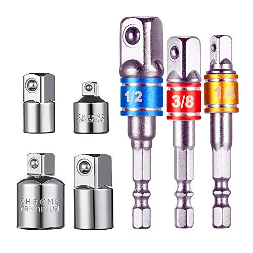 Adaptador para Llave de Carraca, Juego de 4 Pzas Adaptadores de 1/4", 3/8", 1/2" +Set con 3 Pzas de Color Aluminio adaptadores 1/4" hex-1/4" -3/8" 1/2"Llave de vaso