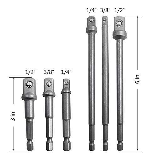 AFUNTA - Juego de brocas y extensores de vástago hexagonal (6 unidades, 1/4", 3/8", y 1/2", adaptador de enchufe de 3 y 6 pulgadas)