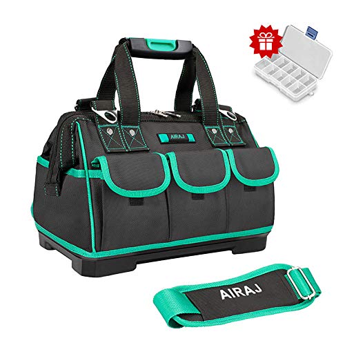 AIRAJ 14 pulgadas Bolsa de Herramientas, Bolsa de Almacenamiento de Herramientas Herramientas Multiusos,Organizador de Bolsas de Electricista con Fondo de Plástico ABS con Correa de Hombro Ajustable