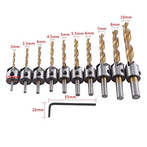 Akozon Juegos de Brocas Avellanado Portabrocas Brocas para Acero con Llave Hexagonal(7 sets + small wrench (3-10mm))