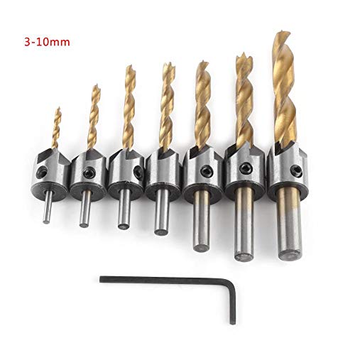 Akozon Juegos de Brocas Avellanado Portabrocas Brocas para Acero con Llave Hexagonal(7 sets + small wrench (3-10mm))