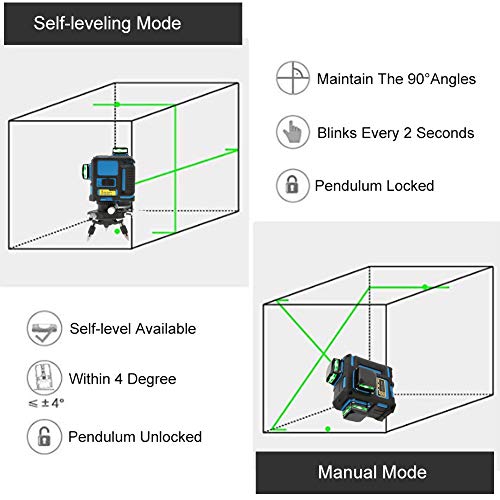 Akozon Nivel láser 12 Líneas 3 * 360 grados horizontales y verticales de láser Autonivelante 50M IP54 Viga verde(EU)