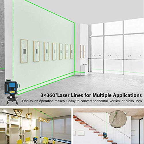 Akozon Nivel láser 12 Líneas 3 * 360 grados horizontales y verticales de láser Autonivelante 50M IP54 Viga verde(EU)