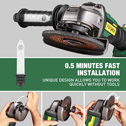 Amoladora Angular 18V Brushless, POPOMAN Angular Sin Escobillas 10000 RPM, batería de 4.0Ah, con mango lateral antivibración, 5 ruedas de molienda,Posición del mango auxiliar de 3, Cargador rápido