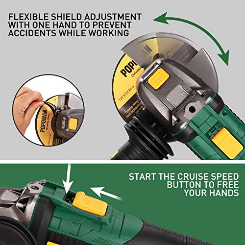 Amoladora Angular 18V Brushless, POPOMAN Angular Sin Escobillas 10000 RPM, batería de 4.0Ah, con mango lateral antivibración, 5 ruedas de molienda,Posición del mango auxiliar de 3, Cargador rápido