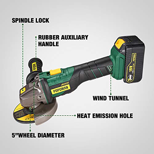 Amoladora Angular 18V Brushless, POPOMAN Angular Sin Escobillas 10000 RPM, batería de 4.0Ah, con mango lateral antivibración, 5 ruedas de molienda,Posición del mango auxiliar de 3, Cargador rápido