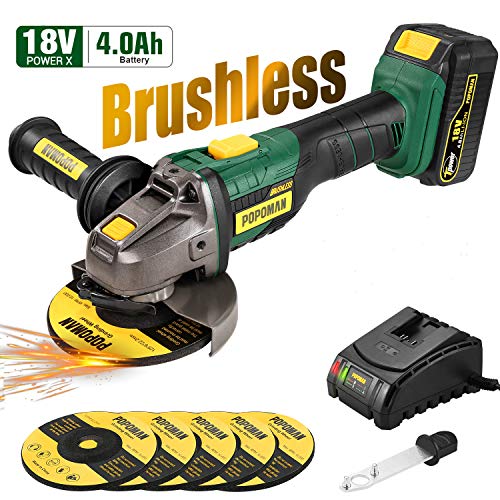 Amoladora Angular 18V Brushless, POPOMAN Angular Sin Escobillas 10000 RPM, batería de 4.0Ah, con mango lateral antivibración, 5 ruedas de molienda,Posición del mango auxiliar de 3, Cargador rápido