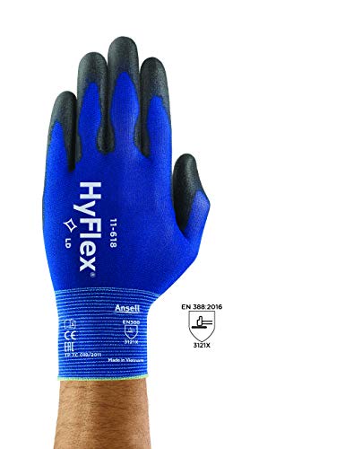 Ansell HyFlex 11-618 Guantes de Trabajo de Nylon, Extra-finos, Guante Mecánico Duraderos para Usos Múltiples, Azul Negro, Tamaño 9 (12 Pares)