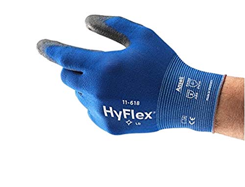 Ansell HyFlex 11-618 Guantes de Trabajo de Nylon, Extra-finos, Guante Mecánico Duraderos para Usos Múltiples, Azul Negro, Tamaño 9 (12 Pares)