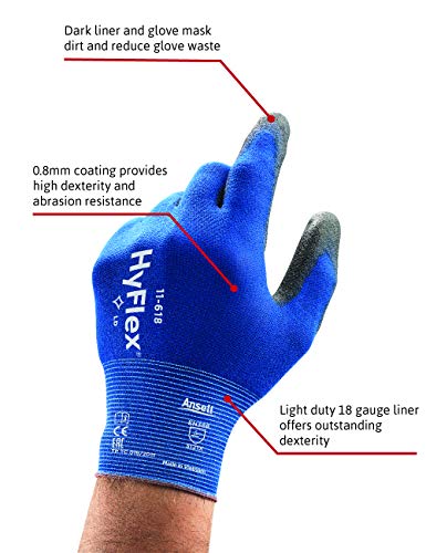 Ansell HyFlex 11-618 Guantes de Trabajo de Nylon, Extra-finos, Guante Mecánico Duraderos para Usos Múltiples, Azul Negro, Tamaño 9 (12 Pares)