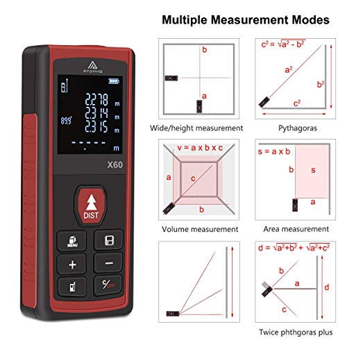 Anyoug Telémetro Láser 60m Medidor Láser de Pantalla Retroiluminada LCD, Portátil de Metro Láser Digital M/IN/FT, IP54, Precisión ±1.5mm, Rápida Medición de Distancia, Volumen y Área