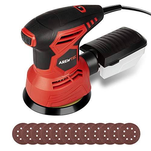 AREWTEC Lijadora Orbital, Lijadora Eléctrica con 7 Velocidades Variables, 125mm Lijadora de 13,000RPM con 12 Lijas y Colector de Polvo Efectivo - Ideal para Bricolaje y Carpintería, OST13A Rojo