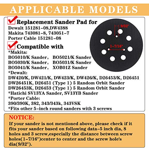 AxPower 5 inch 8 Hole Replacement Sander Pads 5" Hook and Loop Sanding Backing Plates for Makita 743081-8 743051-7, DeWalt 151281-08 DW4388, Porter Cable, Hitachi 324-209 (4 Packs)