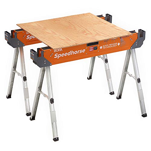 Bora Portamate Speedhorse Sawhorse - Juego de 2 soportes de mesa con patas plegables y parte superior de metal para 2x4, PM-4500T