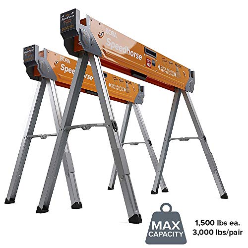 Bora Portamate Speedhorse Sawhorse - Juego de 2 soportes de mesa con patas plegables y parte superior de metal para 2x4, PM-4500T