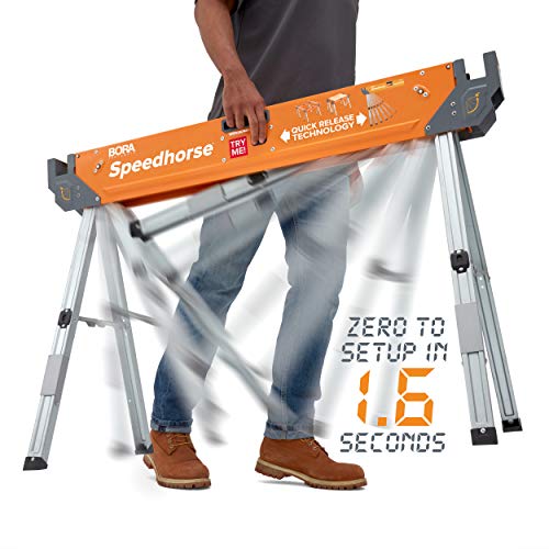 Bora Portamate Speedhorse Sawhorse - Juego de 2 soportes de mesa con patas plegables y parte superior de metal para 2x4, PM-4500T