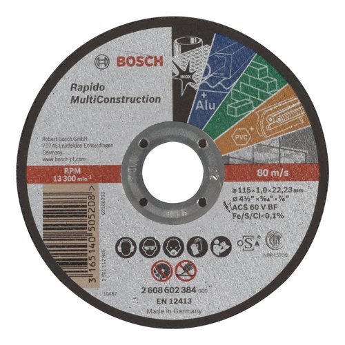 Bosch 2 608 602 384 - Disco de corte recto Rapido Multi Construction - ACS 60 V BF, 115 mm, 1,0 mm, 80 m/s (pack de 1)