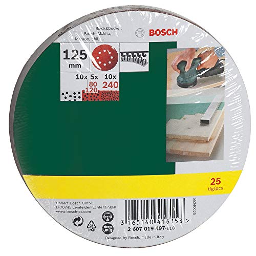 Bosch 2607019497 - Paquete de 25 lijas para lijadoras excéntricas (diámetro de 125 mm, grano 80, 120, 240)