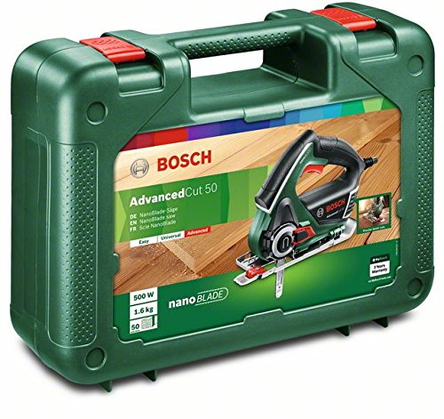 Bosch AdvancedCut 50 - Sierra de calar con Tecnología NanoBlade (500 W, hoja de sierra, tapa protectora, protección contra astillas, maletín)