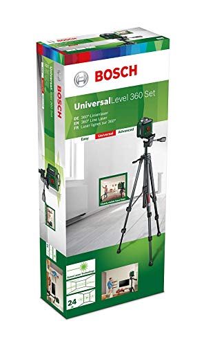 Bosch DIY Measuring Tools 0603663E03 Bosch Nivel UniversalLevel 360 con trípode (láser Verde, Alcance: hasta 24 m precisión: ± 0,4 mm/m, con autonivelación: hasta ± 4°, 4X Pilas AA, en Caja)